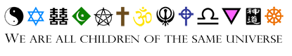 A row of religious symbols following the ULC motto: We are all children of the same universe